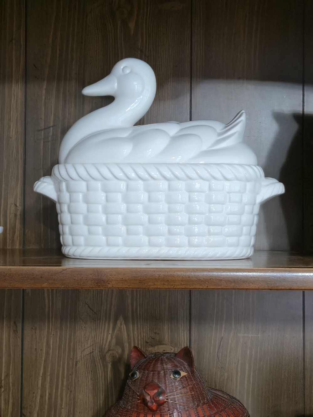 Vintage White Ceramic Duck Tureen Japan Basketweave Nest